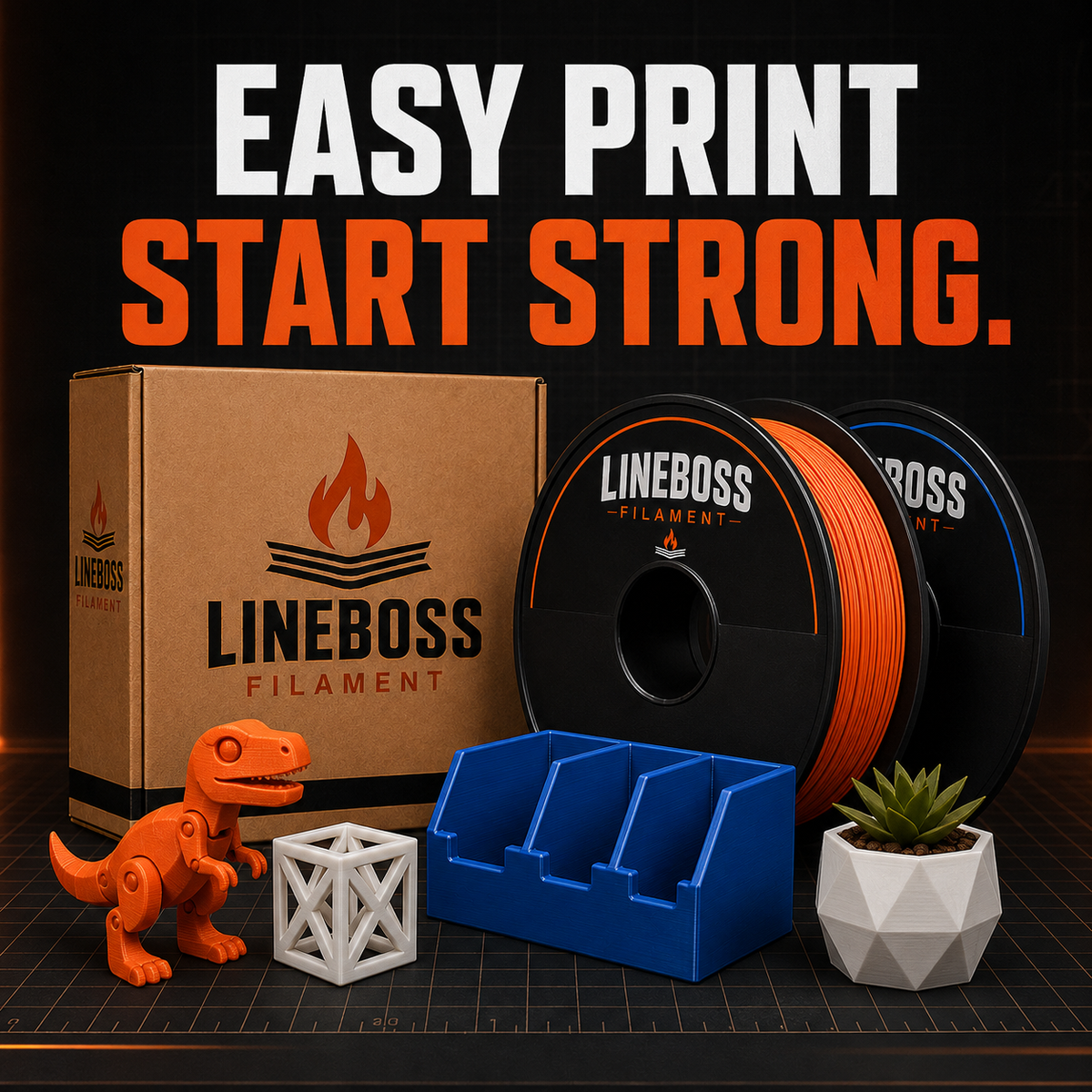 LineBoss Easy-Print filament collection with PLA spools and approachable 3D printed projects