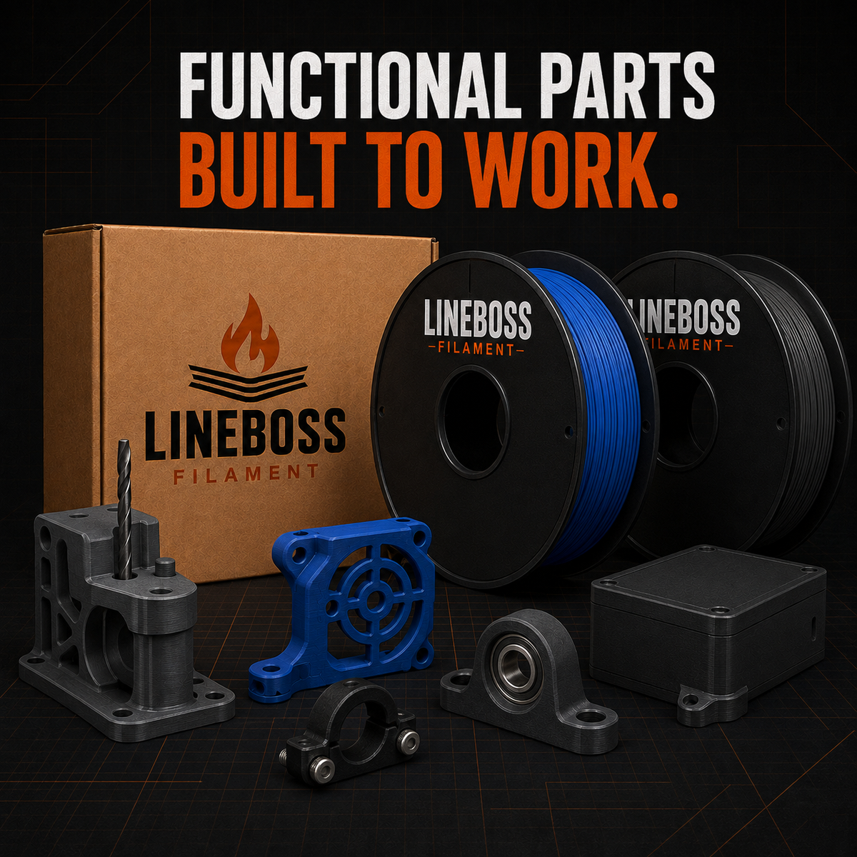 LineBoss functional and engineering filament with 3D printed brackets, fixtures, and enclosures