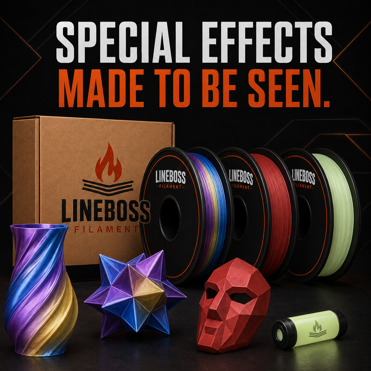 LineBoss display and special-effects filament with silk, matte, luminous, and technical-finish prints