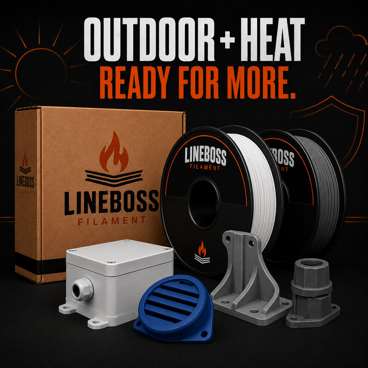 LineBoss outdoor and high-heat filament with weather-ready 3D printed mounts and enclosures