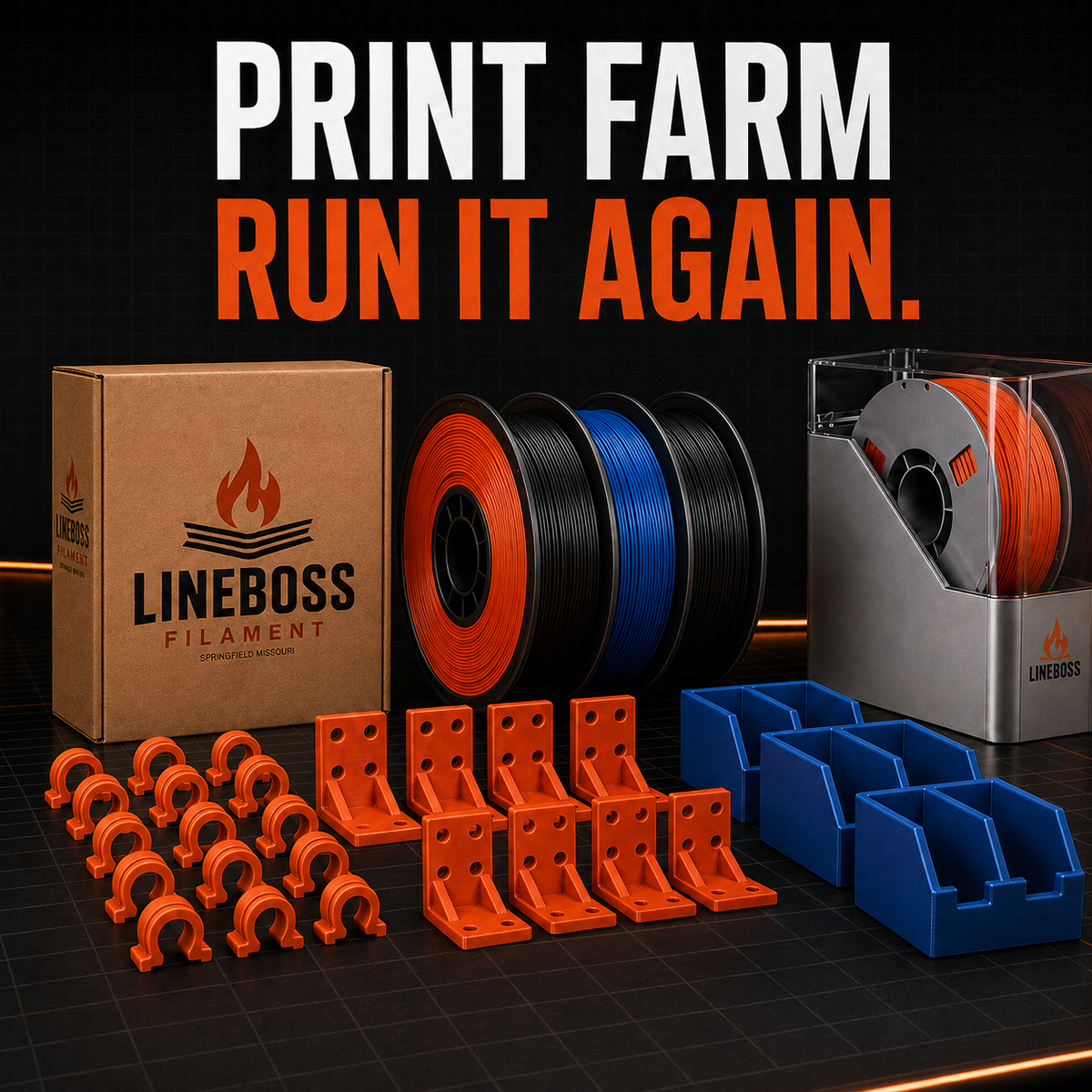 LineBoss print farm essentials with filament, a dryer, and organized batches of functional 3D printed parts